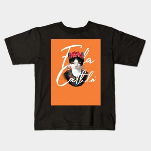 Orange TXW back Cat Frida Cathlo version of - Frida Kahlo Kids T-Shirt